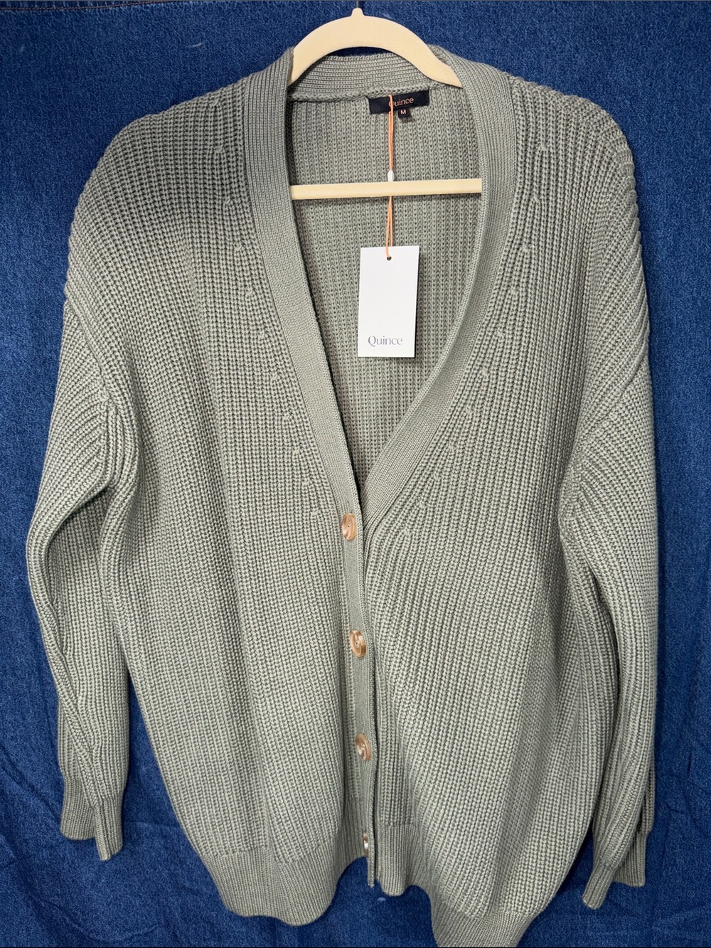Quince Sage Green Chunky V‑Neck Cardigan with Wooden Buttons